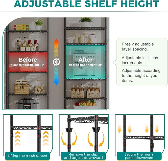 SINGAYE Shelf Wire Shelving Adjustable Storage Shelves Rack Standing Units for Kitchen Closet Laundry Bathroom Organizers Metal Pantry Narrow Mesh Gaps 14" D x 24" W x 72" H Black