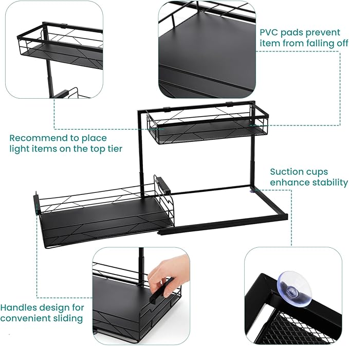 Pull Out Under Sink Organizer, 2 Tier Under Sink Storage with Suction Cups, PVC Mat, Sliding Drawer, Metal Cleaning Supplies Shelf Cabinet Organizer for Kitchen, Laundry, Pantry, Bathroom