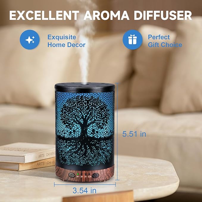 Essential Oil Diffuser 120ML Metal Aromatherapy Diffuser with Timer, Cool Mist Humidifier with Auto Shut-Off & 7 Color Lights for Home Office Spa (Life Tree)