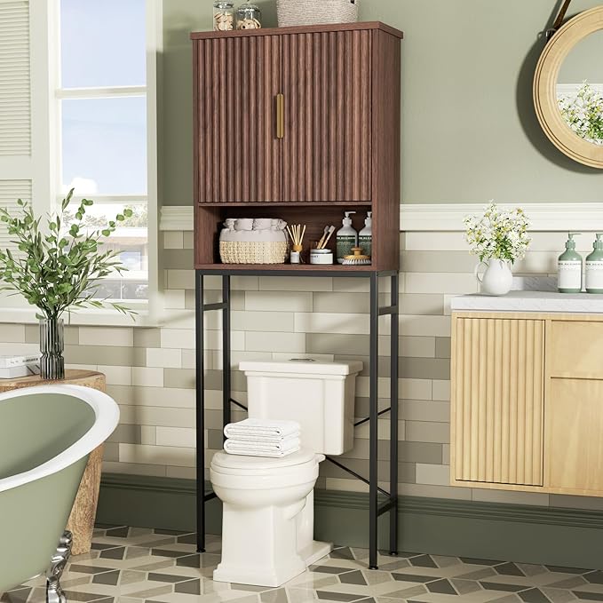 FiveWillowise Over The Toilet Storage Cabinet with Fluted Doors and Adjustable Shelf, Tall Bathroom Organizer with Metal Stand Space Saver Over Toilet, Wood Rack for Bathroom, Restroom, Laundry