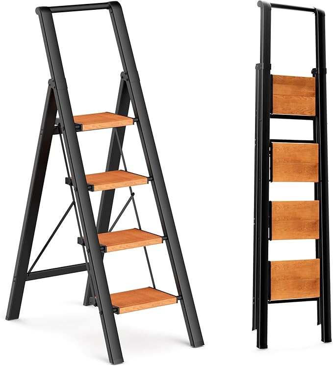 4 Step Ladder, Lightweight Aluminum Folding Step Stool with Convenient Handgrip, Stepladders with Anti-Slip and Wide Pedal for Home Use Space Saving - Black+Woodgrain