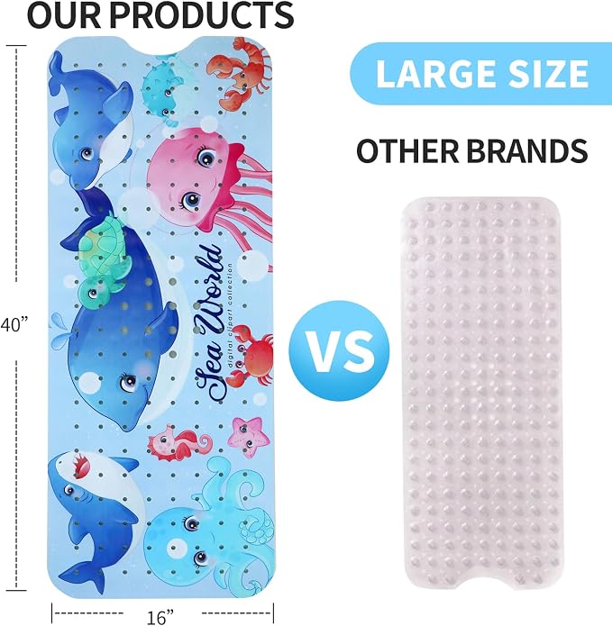 Bath Tub Shower Mat Non Slip Kids Bathtub Mat Anti Slip Baby Bath Mat for Tub 40 x 16 Inch Extra Long Toddler Bath Mat with Suction Cups and Drain Holes for Bathroom Floor,Machine Washable,Big Whale