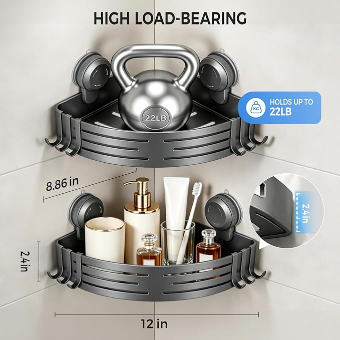 Lekesky Corner Shower Caddy Suction Cups, No Drilling Bathroom Shower Shelf | Aluminum, Rustproof, Suction Cup Can Remove and Reposition, Can hold up to 22 pounds, Also Can hold large shampoo bottles