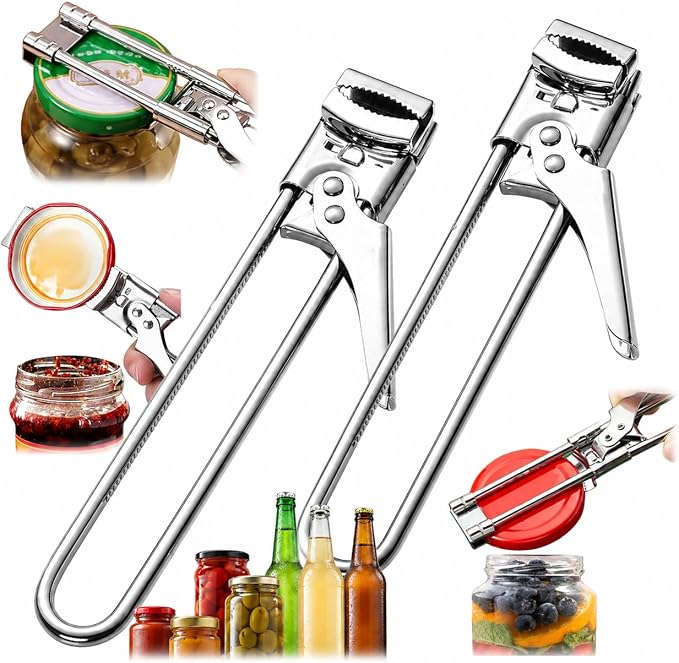 Adjustable Jar Opener Set of 2, Stainless Steel Bottle Opener for Tight Lids, Easy Twist Can Opener for Kitchen Use (Silver)
