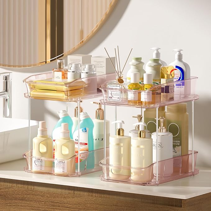 Delamu 2-Tier Under Sink Organizers and Storage, Multi-Purpose Stackable Bathroom Cabinet organizers, Pull Out Kitchen Pantry Organization and Storage with Dividers(2 Pack, Pink)