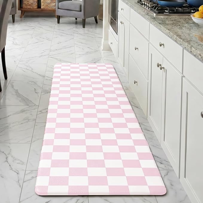 Pink Checkered Grid Checkerboard Kitchen Rug Sets [1 PC], Anti-Fatigue, Waterproof Non-Slip Kitchen Mats Heavy Duty Ergonomic Comfort Foam Rug for Floor, Home, Laundry,17"x59"