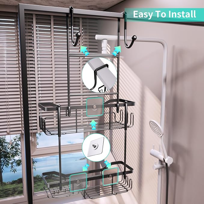 HapiRm Hanging Shower Caddy Over the Door with Soap Holder, No Drilling Adhesive Shower Organizer with 11 Hooks, Rustproof & Waterproof 304 Stainless Steel Bathroom Shelves - Black