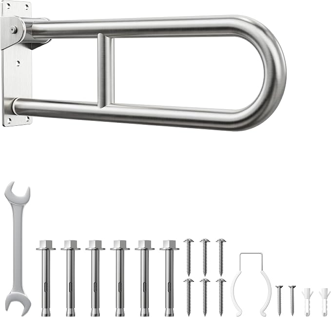Toilet Grab Bar, Bathroom Safety Handrail Wall Mounted, 304 Stainless Steel Flip Up Folding Support Rail for Elderly Seniors and Handicap Assistance (24 Inch)