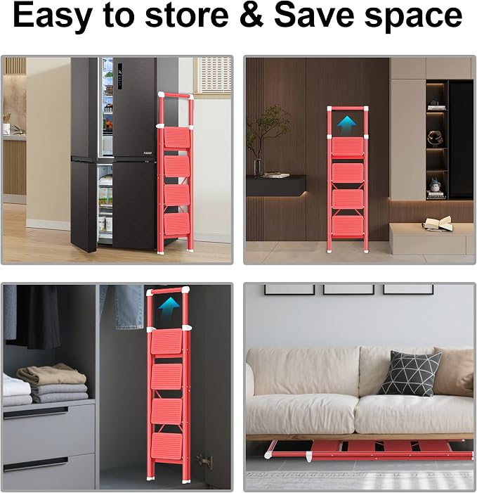 4 Step Ladder, DIAMONDFORGE Folding Step Stool with Wide Anti-Slip Pedal, Anti-Slip Feet and Handgrip, Sturdiest Steel Construction, Steel Ladder for Home, Red White