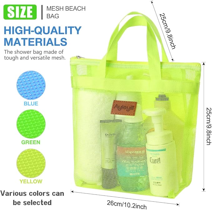 3 Pcs Portable Mesh Shower Caddy Tote, Quick Dry Tote Bag Mesh Beach Bags for Women, Hanging Toiletry and Bath Organizer for Travel Swimming Sports Gym Camp Shopping College Dorms (Blue Green Yellow)