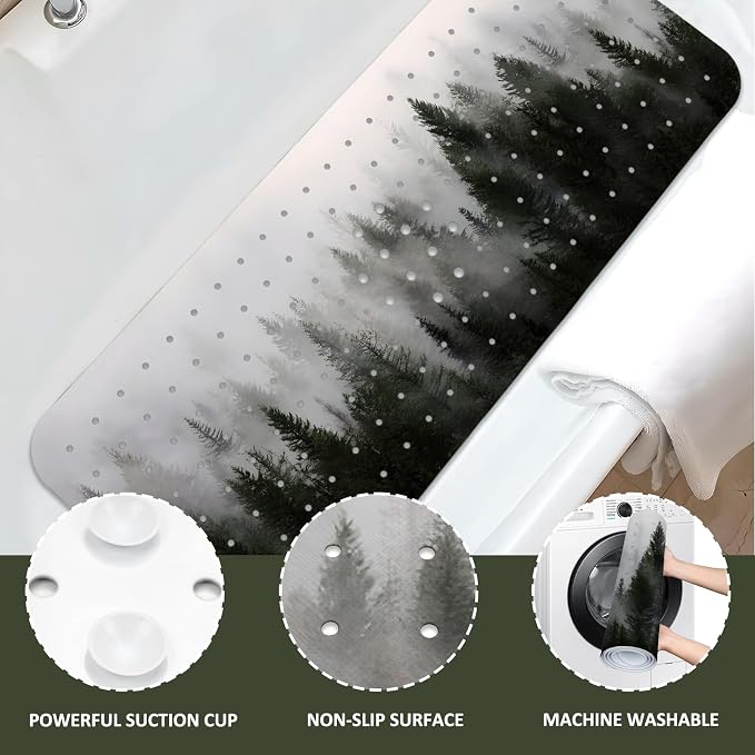 Misty Forest Bathtub Mat Non Slip, Baby Bath Mat for Tub Rubber Tub Mat, Kids Bath Mats for Bathroom Nature Trees Anti Slip Shower Mat with Suction and Drain Holes Machine Washable, 40″X16″