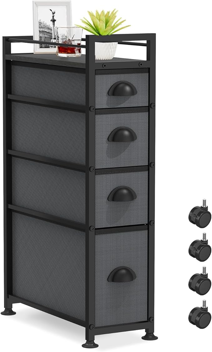LASZOLA 4 Drawer Narrow Slim Cabinet Skinny Storage Tower Chest, Ideal for Small Spaces, Between Washer and Dryer, Lightweight Mobile on Wheels, Sturdy Fabric Drawers