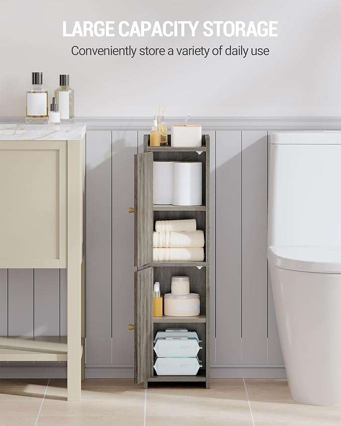 Hzuaneri Bathroom Storage Cabinet, Small Corner Floor Cabinet with 2 Doors and Adjustable Shelf, Narrow Toilet Paper Cabinets, Bathroom Organizer for Small Spaces, 7.9" D x 7.9" W x 29.5" H Greige