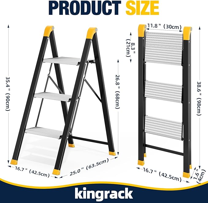 KINGRACK Aluminum Step Ladder, 3 Step Ladder Folding Design, Step Stool Foldable with Safe Grip, Non-Slip Handrails, Safety Lock, Heavy Duty 330LBS for Home, Kitchen, Garage, RV, Black