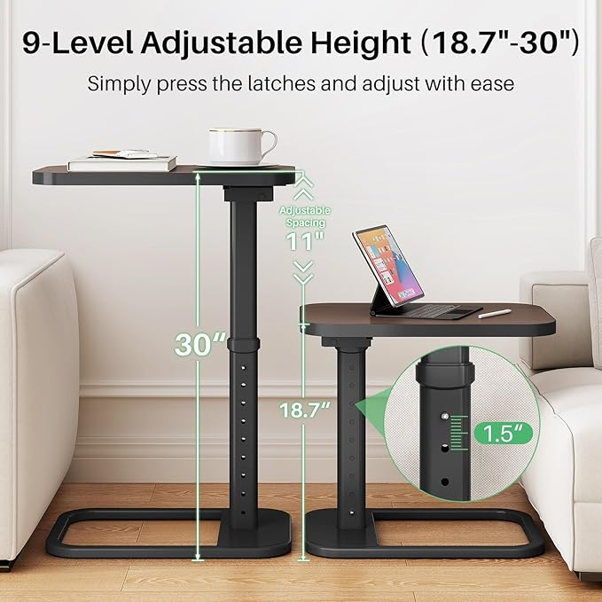 Kitstorack TV Tray Table, Adjustable Height & Rounded Metal Corners, Snack Table for Couch, Sofa, Bed, Chair, Living Room, C Shaped End Side Table for Eating, Dinner or Laptop, Small Spaces, Espresso