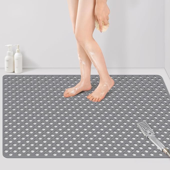 Yolife Large Shower Mat, 47 x 32 inch Non Slip Shower Mats for Inside Shower with Drain Hole, No Odor Soft TPE Shower Floor Mat, Extra Large Non Slip Shower Mat with Suction Cups, Grey