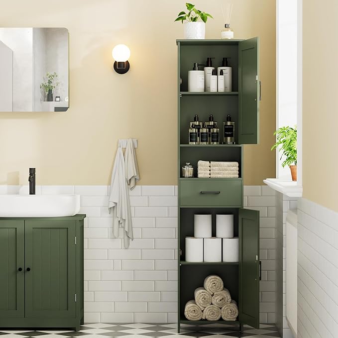 Homhedy 67" H Tall Bathroom Storage Cabinet with 2 Barn Doors and 1 Drawer, Narrow Storage Unit, Adjustable Shelves, Floor Cabinet for Bathroom, Living Room, Entryway, Kitchen, Green, (15.7" W)