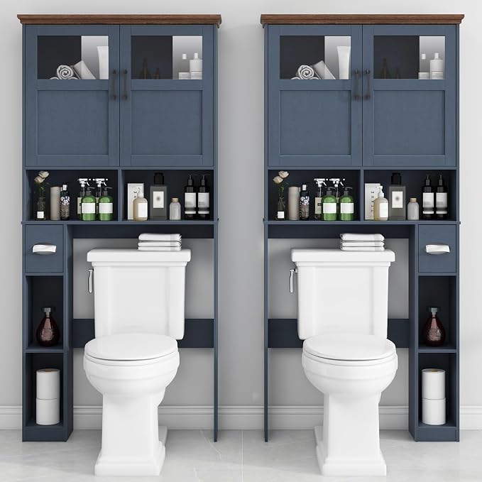Vabches Over The Toilet Storage Cabinet, Storage Cabinet Over Toilet with Double Doors & Toilet Paper Holder Stand, Freestanding Toilet Shelf Space Saver with Anti-Tip Design & Adjustable Shelf, Blue