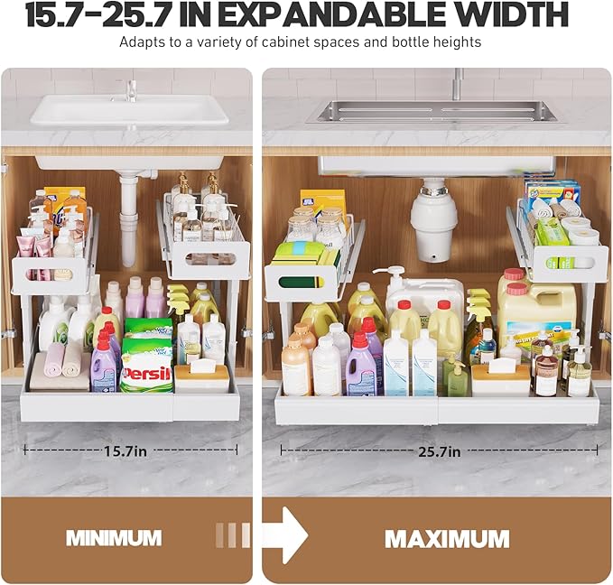 1 Pack-16"-26"W Expandable Under Sink Organizer With Upgrade Ball-Bearing Slide,2-Tier Pull Out Under Cabinet Organizer Height Adjustable,Not Suitable For Cabinets With Partitions In The Middle
