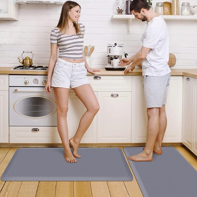 HappyTrends 2 PCS Kitchen Mat Cushioned Anti-Fatigue Floor Mat, Heavy Duty Ergonomic Comfort Foam Standing Mat, Waterproof Non-Slip Kitchen Rugs for Home, Office(17.3"x39"+17.3"x39",Grey)