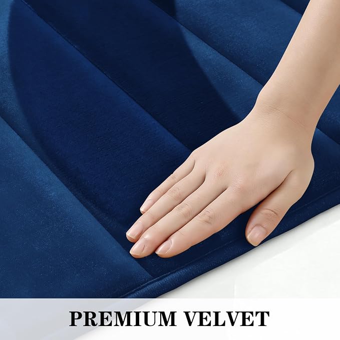 BYSURE Navy Blue Memory Foam Bath Mats, Non Slip Extra Soft Absorbent Machine WashableToilet Bathroom Rug Set 3 Piece (20"x32"+24"x44"+U Shape 20"x24")