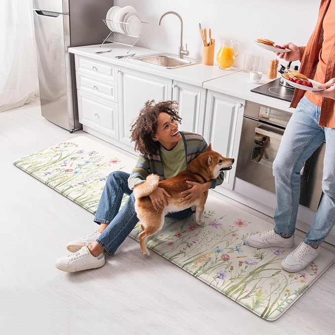 KIMODE Anti Fatigue Kitchen Mat, Cushioned Boho Kitchen Runner, Non Slip Farmhouse Kitchen Mat for Floor, Waterproof Standing Desk Mat for Laundry, Office, Sink White 17.3"x59"