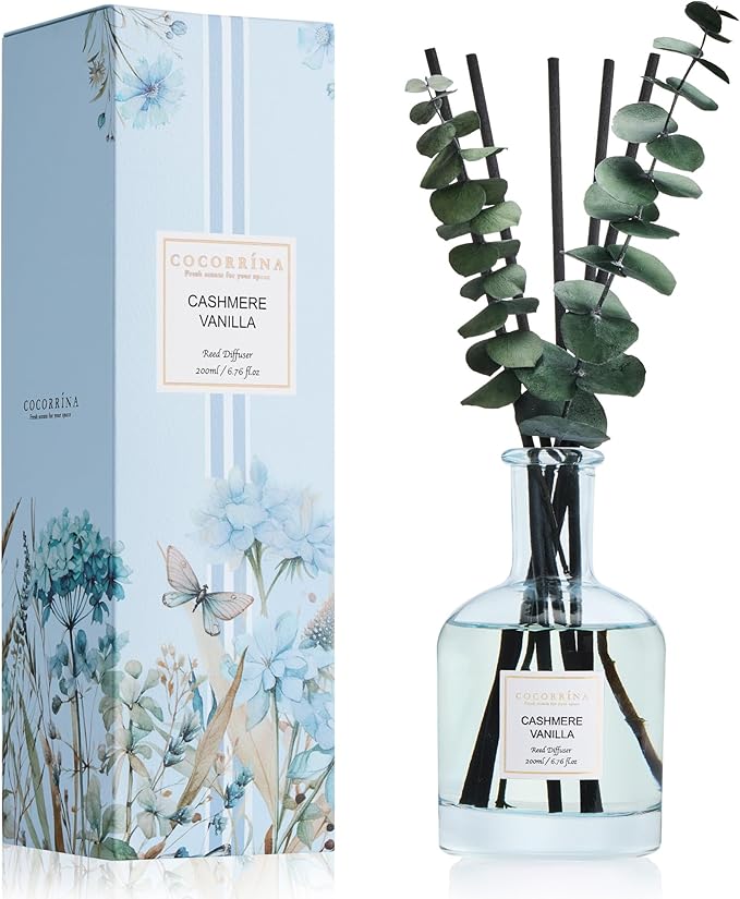 COCORRÍNA Cashmere Vanilla Reed Diffuser – 6.76 oz Essential Oil with 8 Reeds & Real Eucalyptus Sticks, Home Fragrance for Bedroom or Bathroom Décor