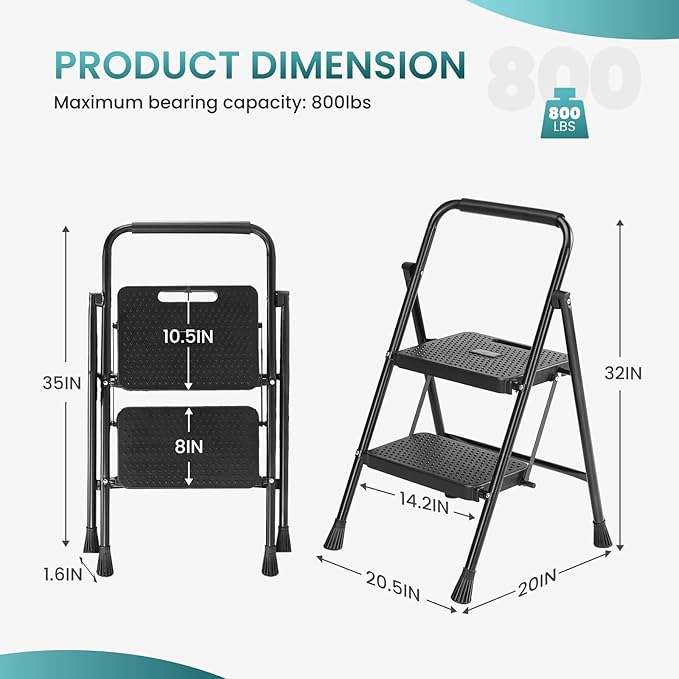 Smug Step Ladder, 2 Step Stool Foldable with Anti-Slip Pedal & Comfortable Handrail, 800lbs Capacity Sturdy Steel Ladder, Protable Heavy Duty Step Stool for Kitchen, Garage & Outdoor Use, Black
