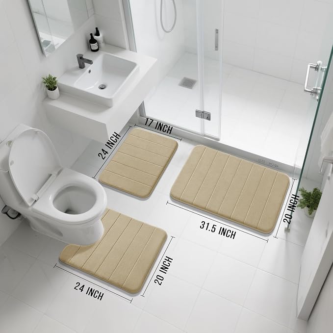 Yimobra Memory Foam Bath Mat Set 3 Pieces- Super Soft Absorbent Quick Dry Bathroom Rug Sets, Machine Washable Non Slip Floor Carpet for Tub Shower, Vanity & Toilet Base, Pale Khaki