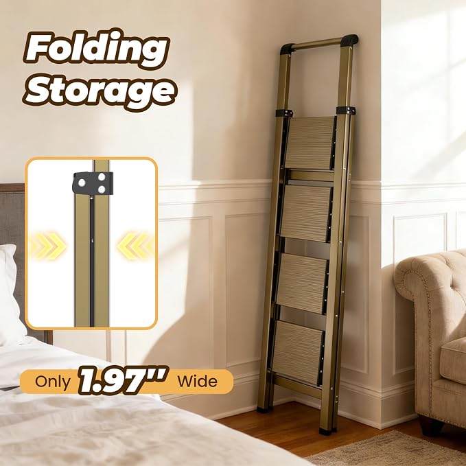 HBTower 4 Step Ladder with Handrail, Aluminum Folding Step Stool,330lbs Capacity Portable Step Ladder，Non-Slip Safety Ladder for Household,Kitchen,Office - Gold