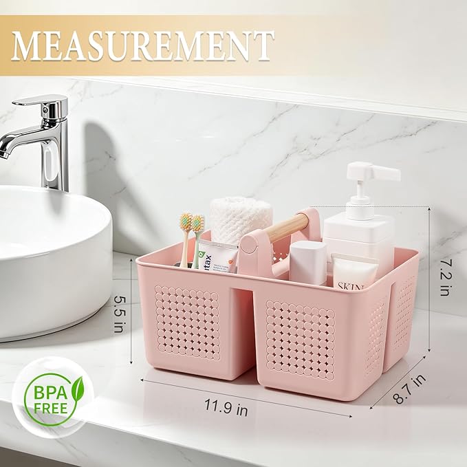 JiatuA Shower Caddy Basket Portable Caddy Organizer with Handle Cleaning Supplies Caddy Plastic Tool Storage for Bathroom Kitchen College Dorm Bedroom, Pink