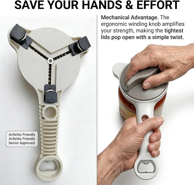 4-in-1 Multifunctional Can Opener & Jar Opener for Seniors - Non-Slip Bottle Opener with Adjustable Stainless Steel Lid Remover, Effortless Opening for Weak Hands, Compact Design for Kitchen (Green)