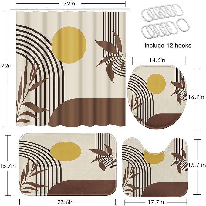 Boho Mid Century Shower Curtain Set with Toilet Lid Cover and Non-Slip Rugs, Abstract Geometric 4 Pcs Modern Minimalist Brown Yellow Vintage Shower Curtain for Bathroom Set with 12 Hooks