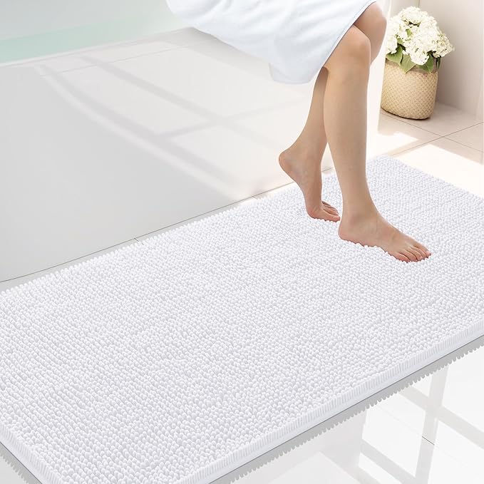 Smiry Luxury Chenille Bathroom Rugs 45x27, Extra Soft and Absorbent Shaggy Bath Mat, Machine Washable, Non-Slip Plush Carpet Runner for Tub, Shower, and Floor, Home Decor Accessories, White