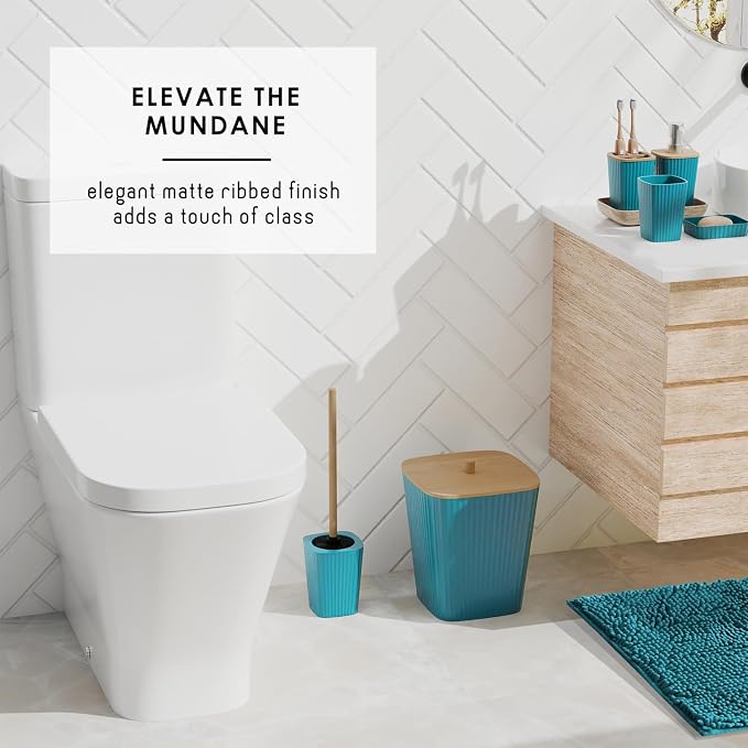 Clara Clark Bathroom Set - Teal Bathroom Accessories Set, 6PC Bathroom Accessory Set, Bathroom Sets with Bathroom Rugs, Adhesive Corner Shower Caddy Hanging, Toilet Brush, Trash Can & Soap Dispenser