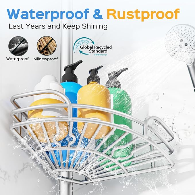 HAMITOR Shower Caddy Corner Tension Pole: 4-Tier Large Capacity Bathroom Organizer Shelves - Waterproof No-Drill Adjustable 47-123 inch Storage for Renters, Home Bathtub Stand Rack, Silver Gray