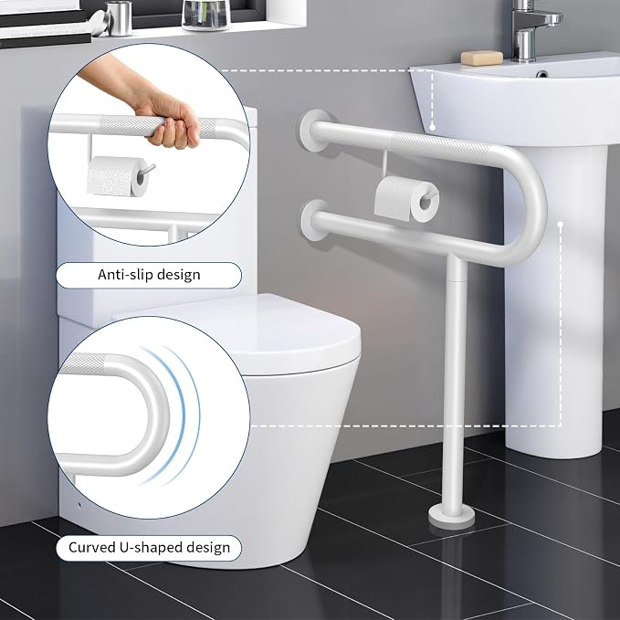 Toilet Grab Bar with Leg 24x28 Inch, ZUEXT White Knurled Toilet Support Bar with Toilet Paper Holder, Stainless Steel Wall & Floor Mounted Bathroom Support Rail for Seniors Elderly Disabled Pregnant