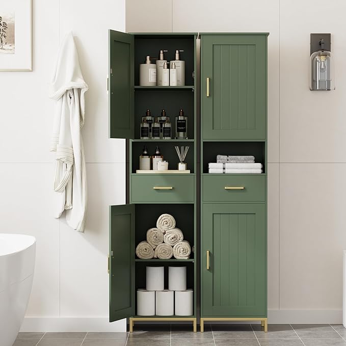 Homhedy 67" H Bathroom Storage Cabinet, Tall Storage Cabinet with Adjustable Shelves, Freestanding Cabinet with Doors and Drawer, Narrow Cabinet for Bathroom, Living Room, Kitchen, Dining Room, Green