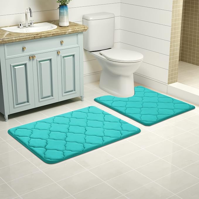 OLANLY Memory Foam Toilet Rugs U-Shaped 24x20, Ultra Soft and Absorbent Bathroom Rugs, Non-Slip, Comfortable, Machine Washable Contour Bath Mat for Toilet Base, Home Decor Accessories, Teal