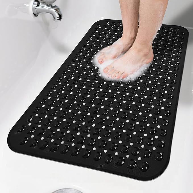 Black Bathtub Mat Shower Mat Non Slip 17x30 Inch Standard Size, Soft Bubble Bath Tub Mat Shower Mats for Inside Shower Bathroom Floor Mat with Big Suction Cups & Drain Holes, BPA-Free