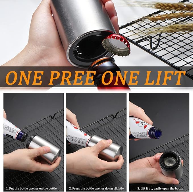 3 Pieces Automatic Magnetic Beer Bottle Opener(Stainless Steel), Portable Pop the Top Wine Bottle Cap Catcher, Quick Open, No Damage Push Down Bartender Tools for Bar, Home, Kitchen, Party, Restaurant