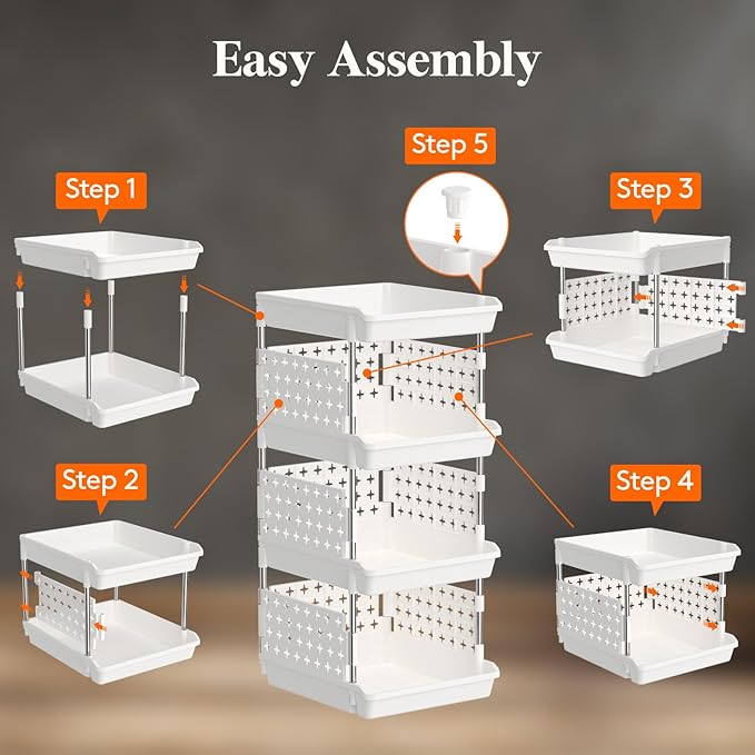 Lifewit Plastic Stackable Storage Baskets, 4 Tier Stacking Bins for Food and Clothes, Multifunctional Organizer for RV, Kitchen, Playroom, Pantry, White, 35 x 30 x 72 cm/14 x 12 x 28 inch, 2 Pack