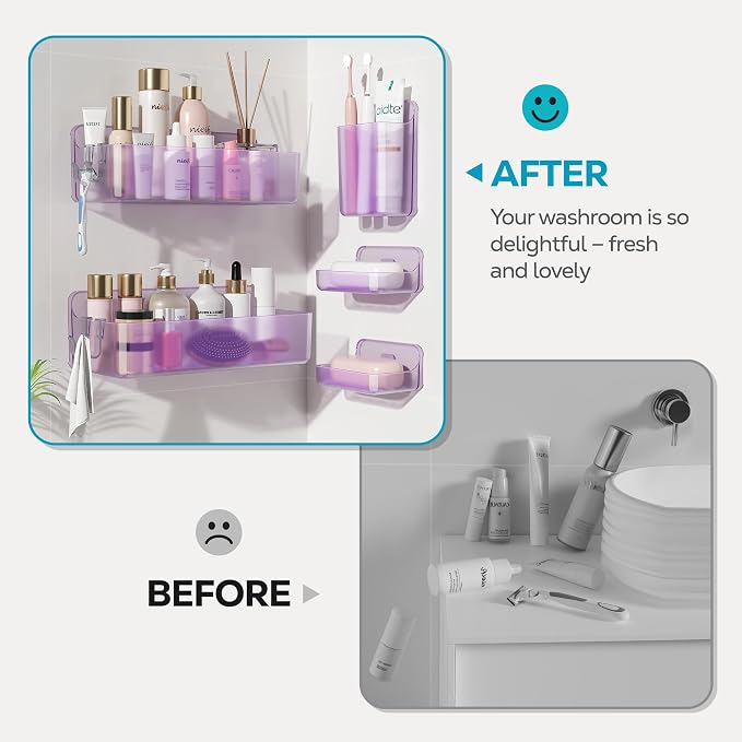 Nieifi Adhesive Wall Shelf, Shower Shelves, Shower Organizer for Bathroom Organization (Purple-Clear, 5 pieces)