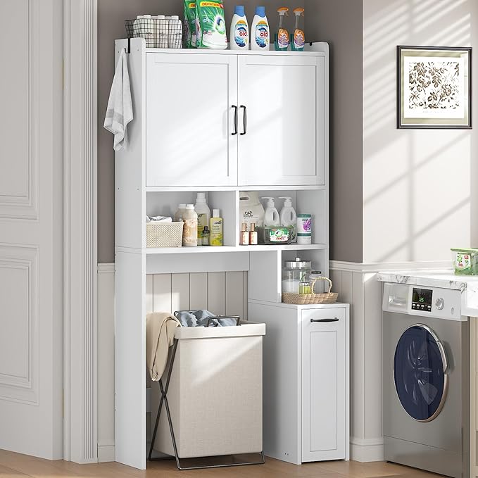 UPOSOJA Over The Toilet Storage Cabinet with Pulley Small Bathroom Storage Cabinet, Space Saver W/Adjustable Shelf & Open Shelf for Bathroom, Restroom, Laundry (White)