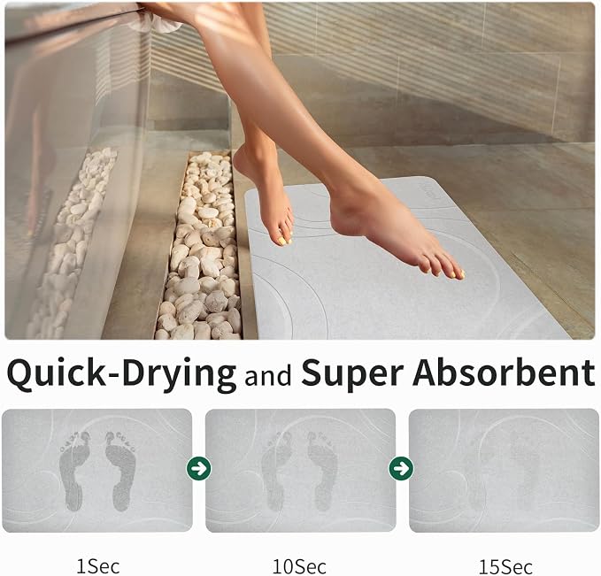 XMarrat Large Stone Bath Mat, Super Absorbent Diatomaceous Earth Bath Mat, Quick Drying Non-Slip Diatomite Stone Bath Mats for Bathroom, Easy to Clean (Light Gray, 31.5" x 19.7")