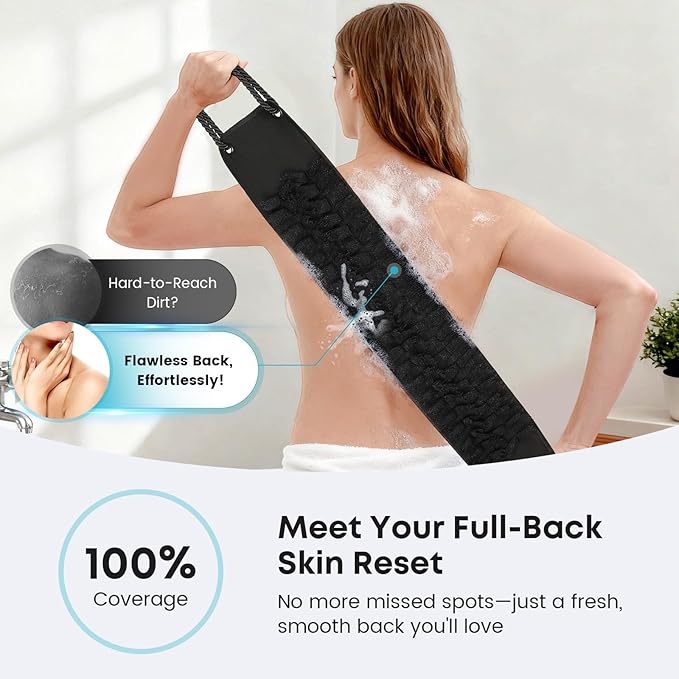 eaxun Back Scrubber with Handles for Shower, Wider 40 Inches Dual-Sided Back Washer with Exfoliating Texture and Loofah for Men, Women and Elderly, Bath Back Exfoliator Body Cleaner for Deep Cleansing