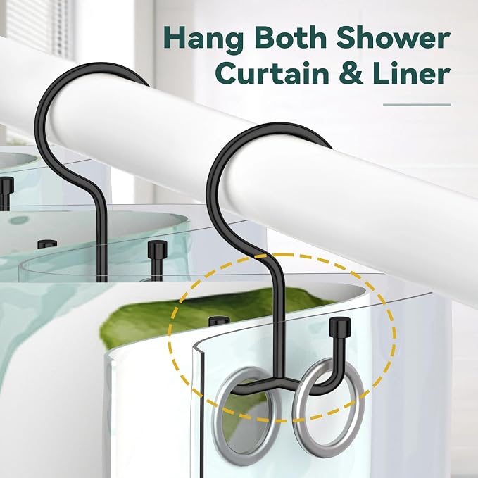 Goowin Shower Curtain Hooks, Shower Curtain Rings, Durable Black Shower Curtain Hooks Rust Proof, Shower Rings for Curtain, Double Glide Shower Hooks for Shower Curtain, Black, 24 Pack-Cylinders