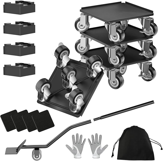 LOYAL TIGER 1500LBS Heavy Duty Furniture Dolly Movers Set with Lifter, 5-Wheel Carbon Steel Moving Rollers with Locking Casters for Refrigerator, Washer, Sofa & Cabinet(5.4 Inch, Black)