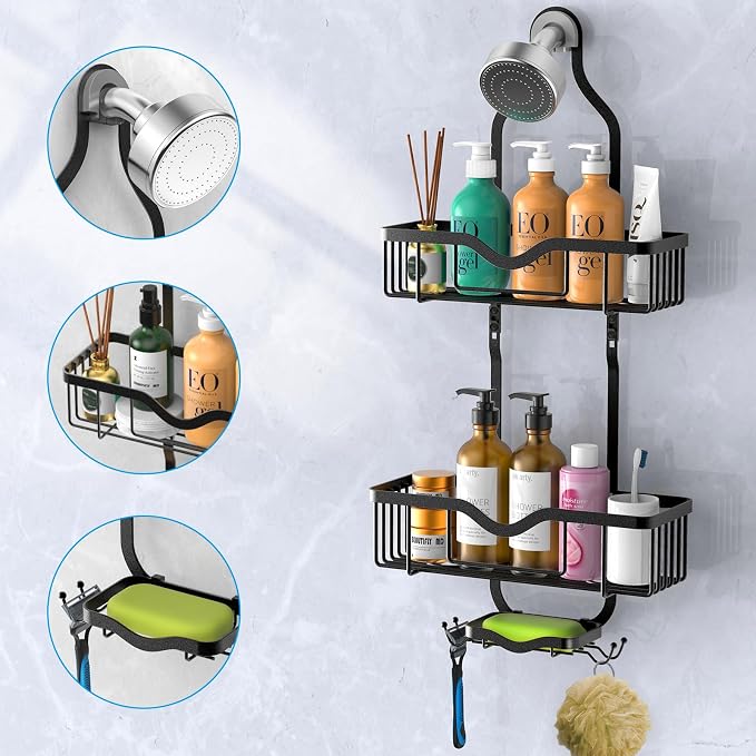 Shower Caddy Hanging, Bathroom Organizer Rack, Shower Rack with Soap Dish, Over The Showerhead Caddy with Hooks for Razor/Sponge, Matte Black (Assembly Required)