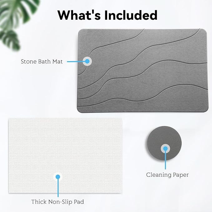 Stone Bath Mat, Dries Quickly, Non-Slip Diatomaceous Earth Stone Bath Mats for Bathroom, Super Absorbent Stone Shower Mat, Easy to Clean, 23.5" x 15.5" Dark Gray-Wave